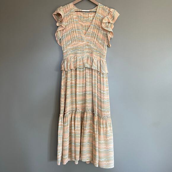 Ulla Johnson Bendetta Dress in Opal Sz 4 Peach Cream Blue Silk Chiffon Ruffles - Picture 4 of 16
